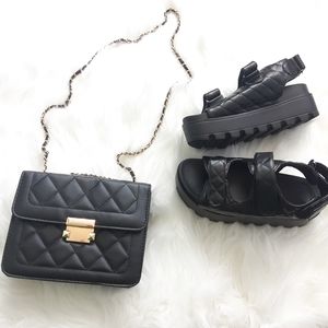 2pc SET: Womens | Juniors Black Quilted Platform Sandals  (size6) + shoulder bag